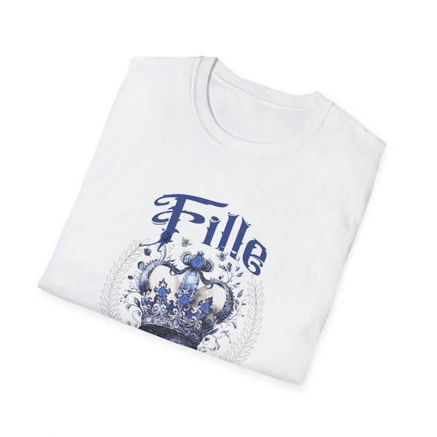 T-shirt blanc pour femme avec une couronne bleue et l'inscription Fille imprimées sur le devant.