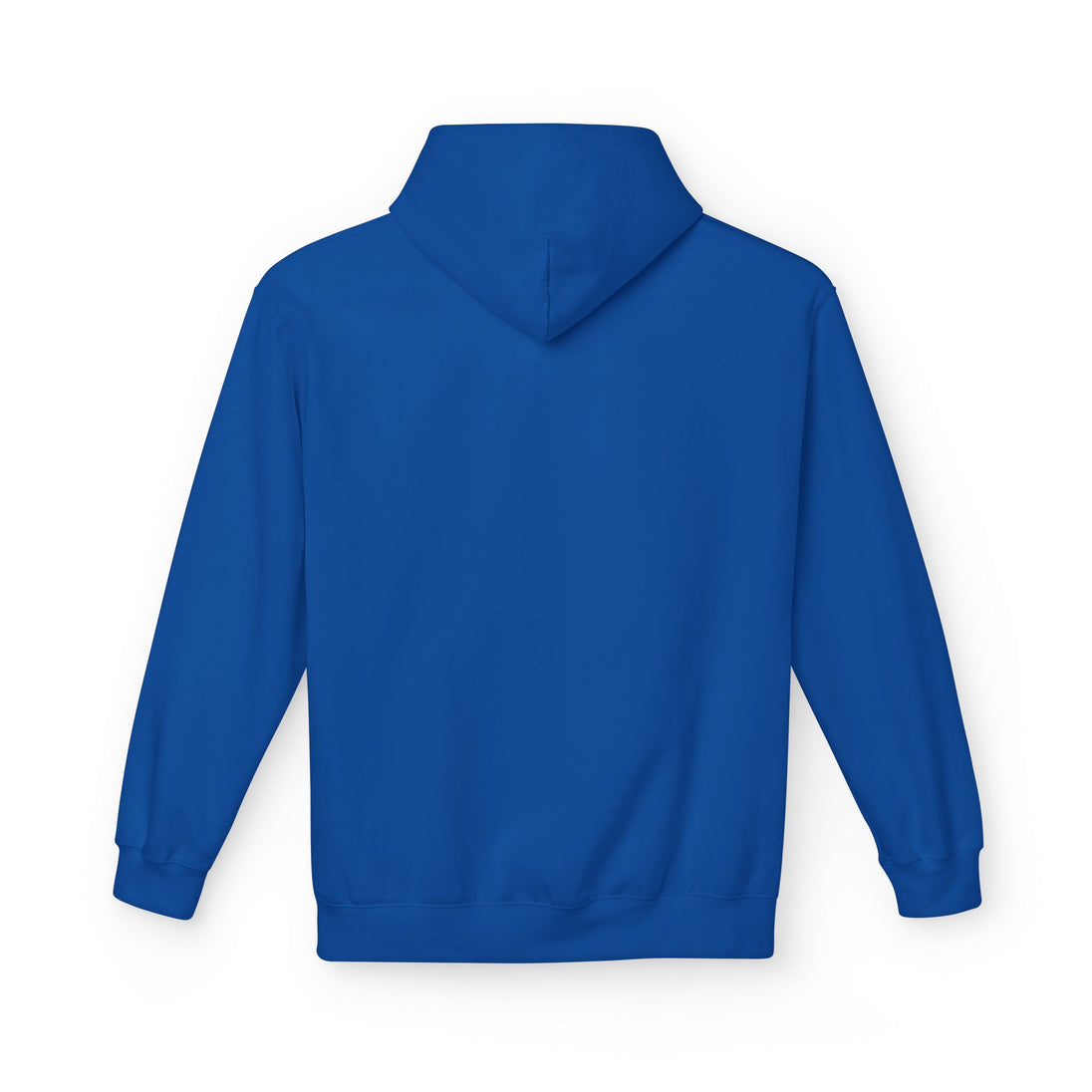 Vue arrière d'un sweat à capuche bleu uni pour femme avec une coupe décontractée.