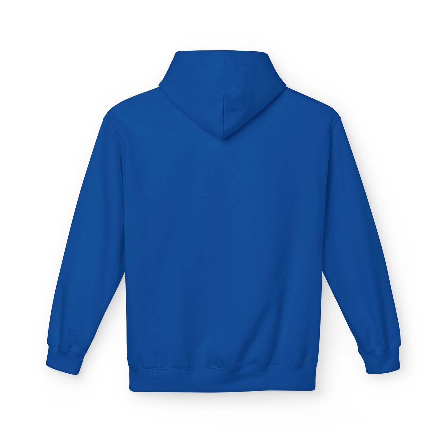 Vue arrière d'un sweat à capuche bleu uni pour femme avec une coupe décontractée.