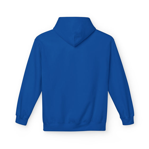 Vue arrière d'un sweat à capuche bleu uni pour femme avec une coupe décontractée.