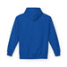 Vue arrière d'un sweat à capuche bleu uni pour femme avec une coupe décontractée.