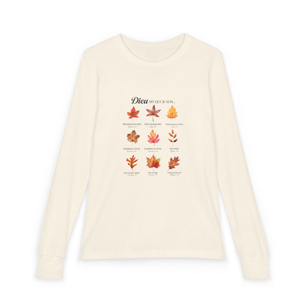 T-shirt à manches longues beige pour enfant avec un motif de feuilles et des versets bibliques.