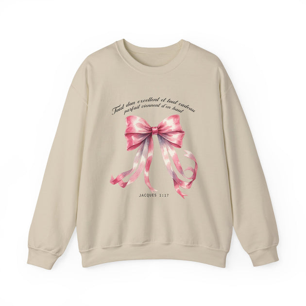 Sweat-shirt beige pour femme avec un ruban rose aquarelle et le verset Jacques 1:17.