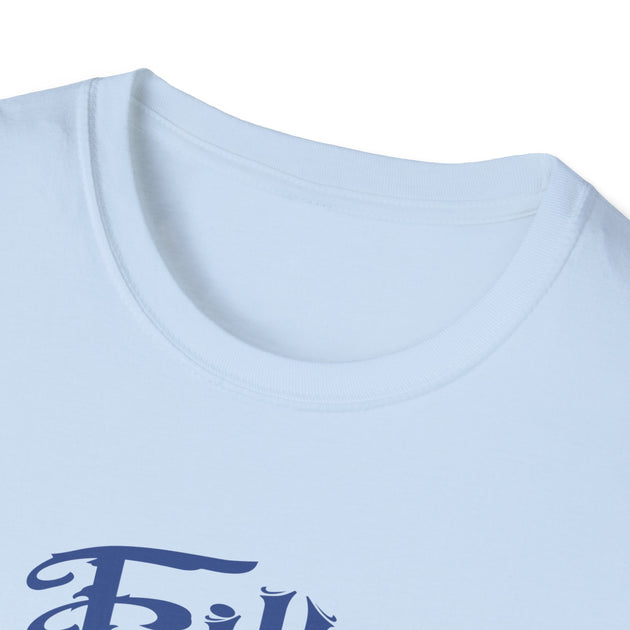 T-shirt blanc pour femme avec un col rond et une inscription bleue sur la poitrine.