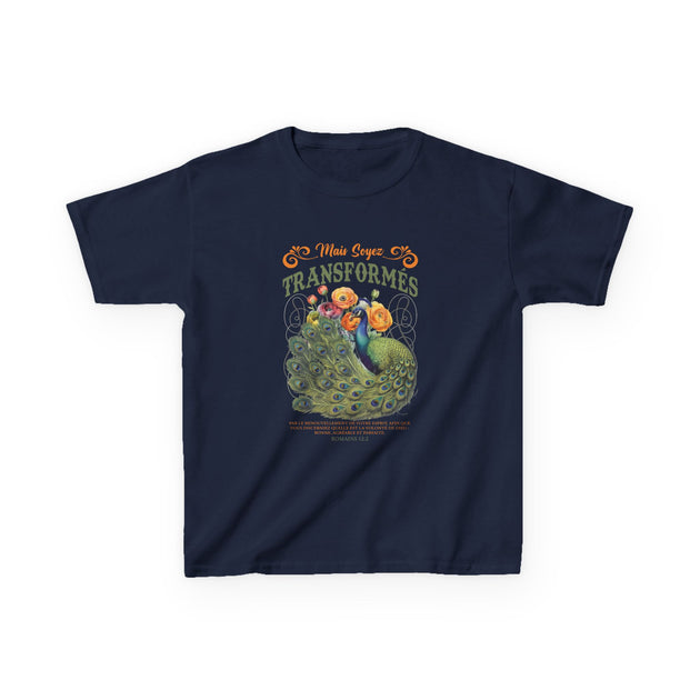 T-shirt bleu marine pour enfant avec un paon, des fleurs et le texte Mais soyez transformés.