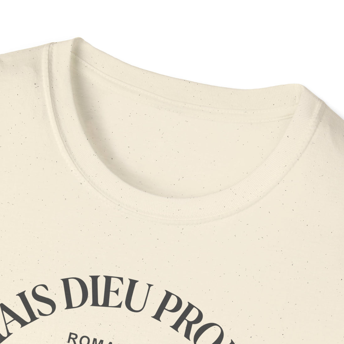 T-shirt femme en coton chiné beige avec une inscription noire sur le col.