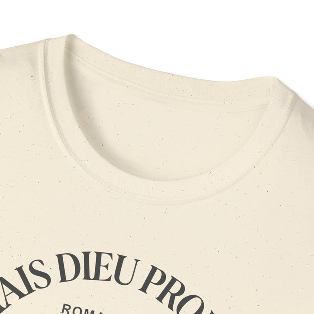 T-shirt femme en coton chiné beige avec une inscription noire sur le col.