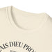 T-shirt femme en coton chiné beige avec une inscription noire sur le col.