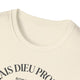 T-shirt femme en coton chiné beige avec une inscription noire sur le col.