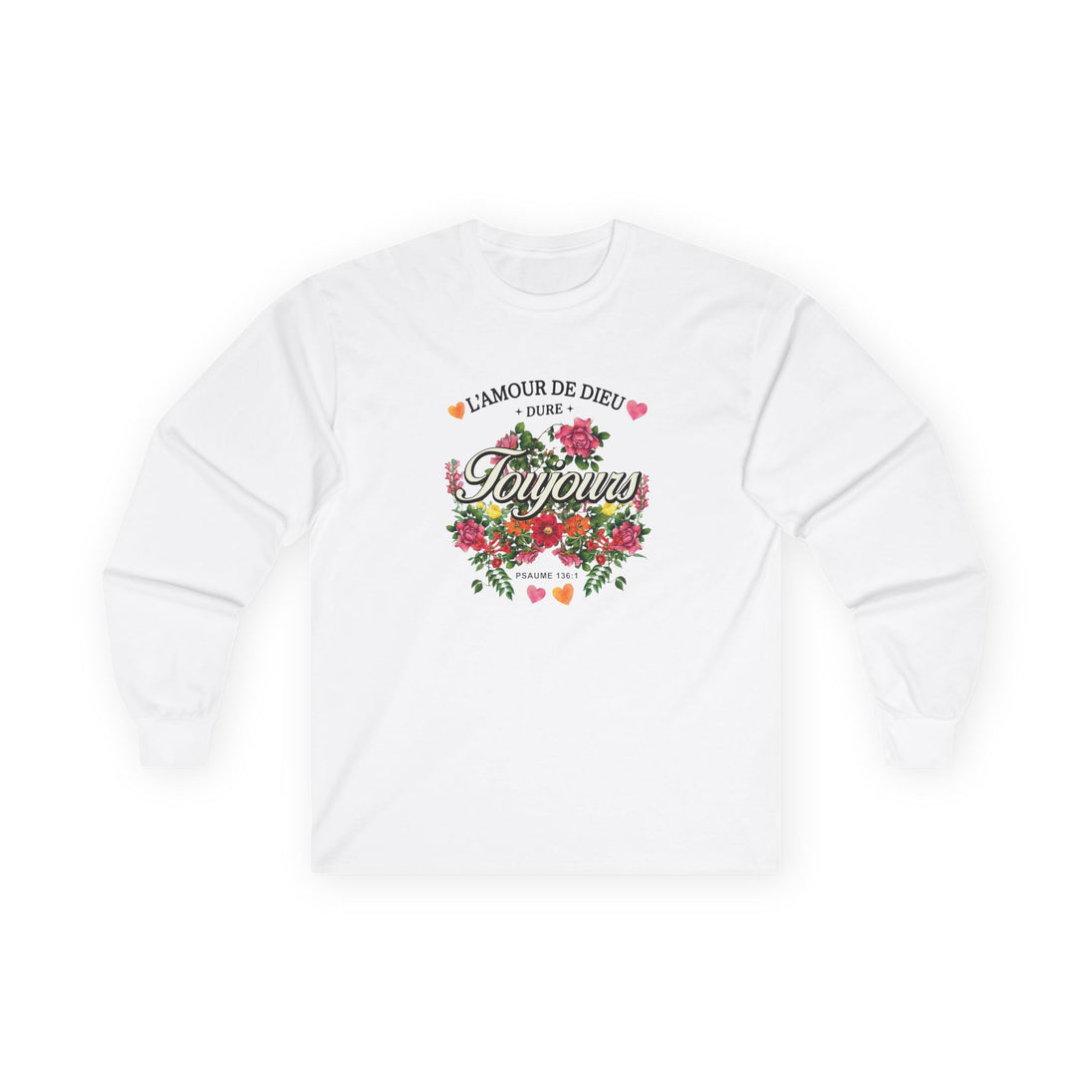 T-shirt blanc à manches longues avec un motif floral et l'inscription L'amour de Dieu dure toujours.