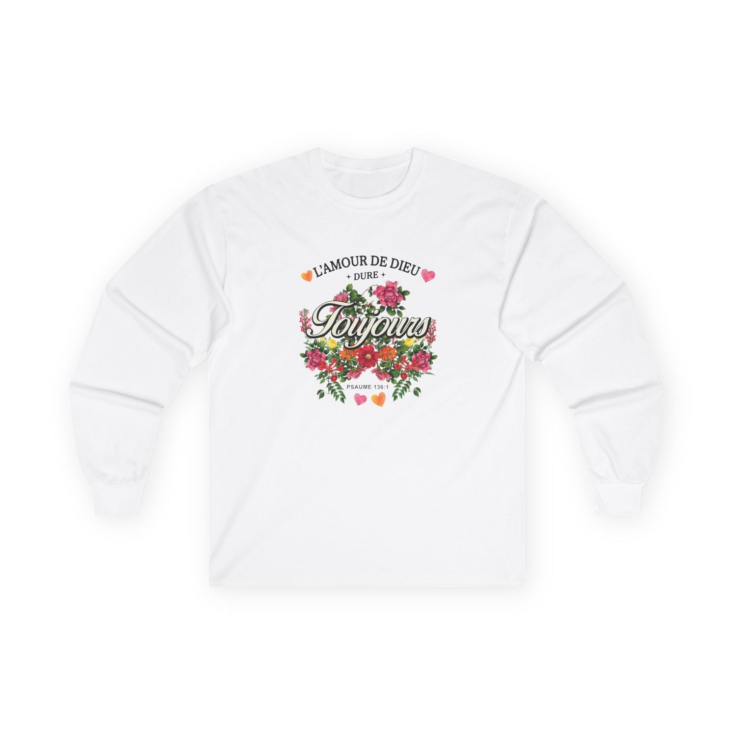 T-shirt blanc à manches longues avec un motif floral et l'inscription L'amour de Dieu dure toujours.