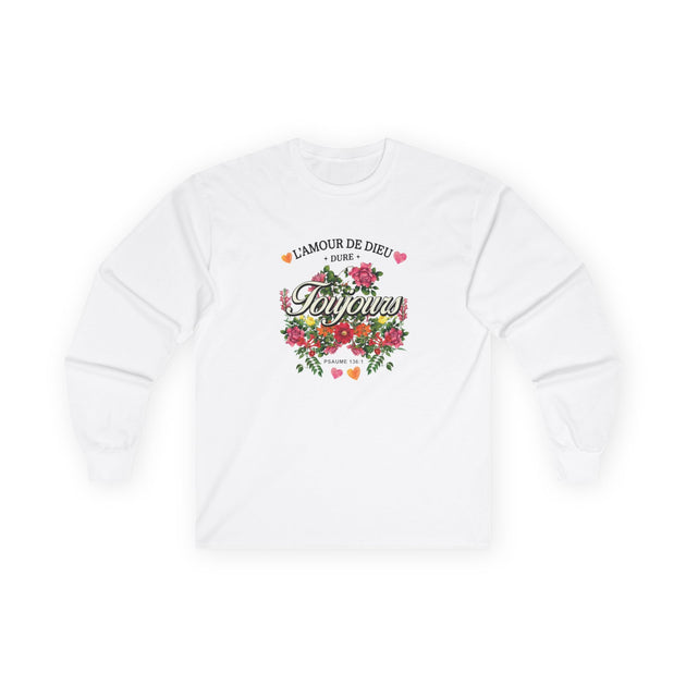 T-shirt blanc à manches longues avec un motif floral et l'inscription L'amour de Dieu dure toujours.