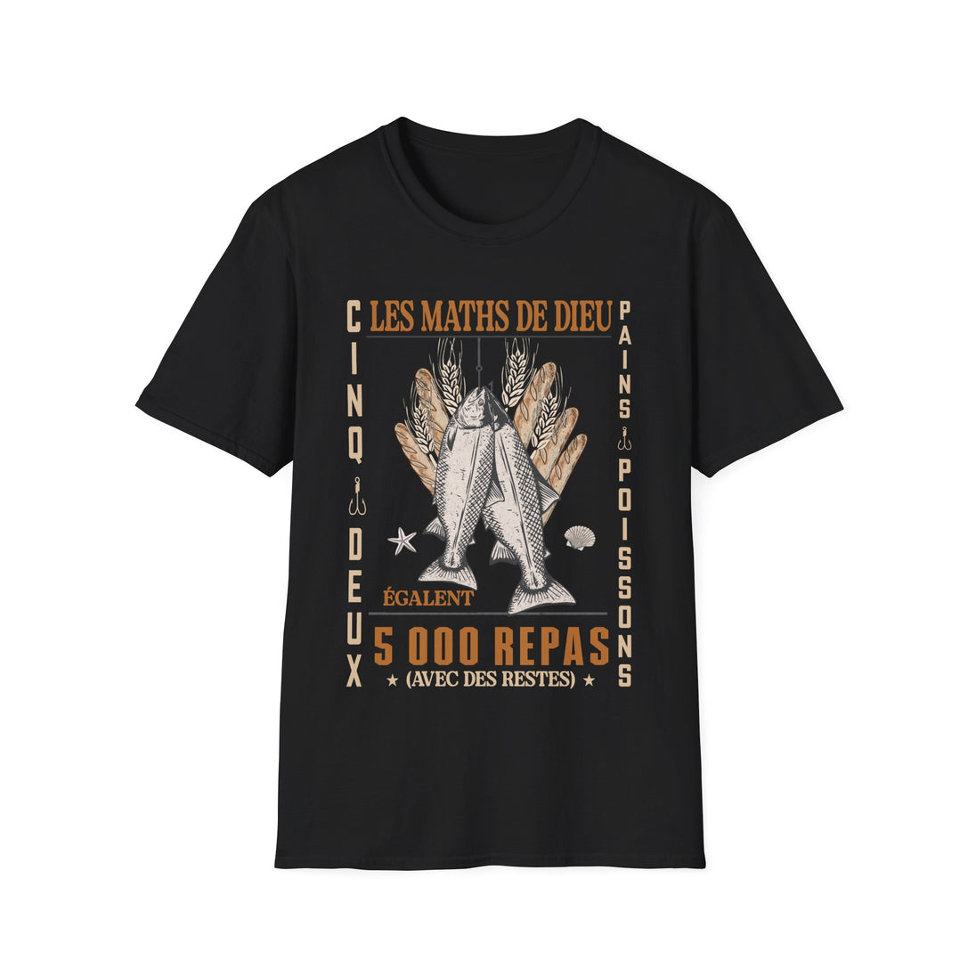 T-shirt noir pour homme avec une illustration chrétienne sur le thème de la multiplication.