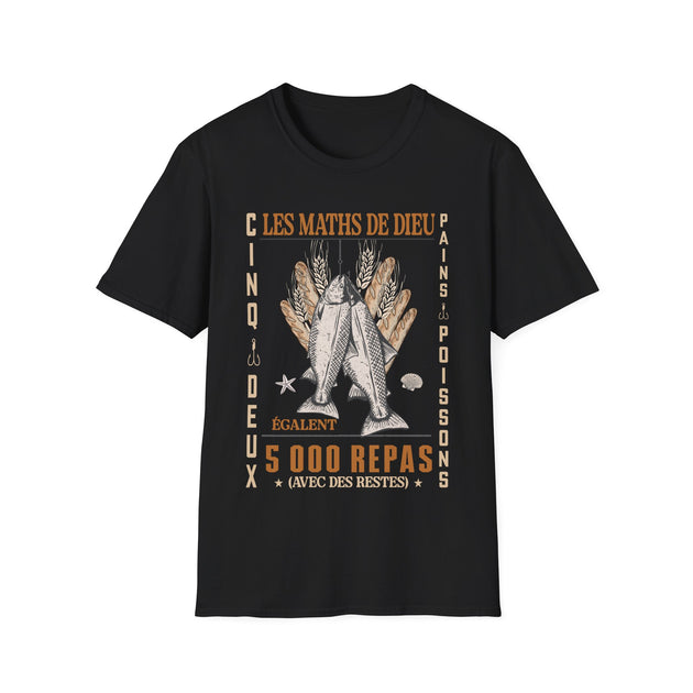 T-shirt noir pour homme avec une illustration chrétienne sur le thème de la multiplication.