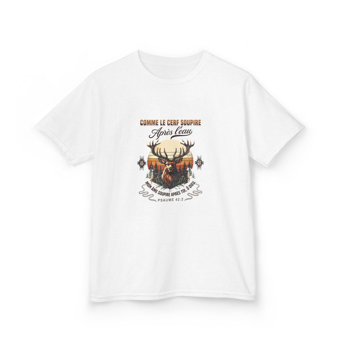 T-shirt blanc pour enfant avec une illustration de cerf et le texte biblique Psaume 42.