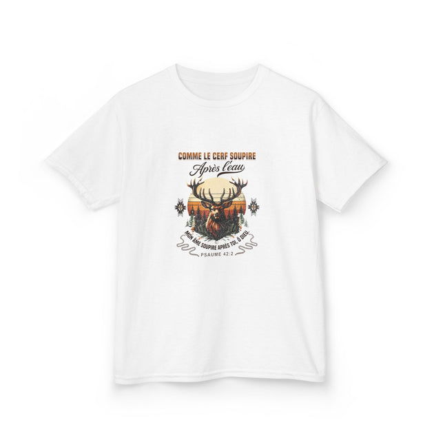 T-shirt blanc pour enfant avec une illustration de cerf et le texte biblique Psaume 42.
