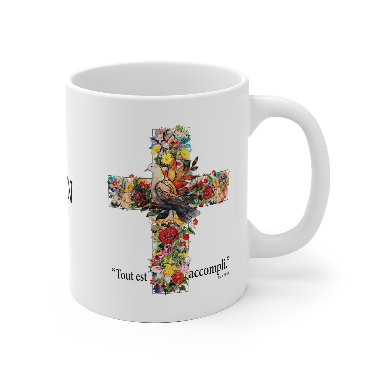 Mug blanc en céramique orné d'une croix florale avec une colombe et l'inscription Tout est accompli.