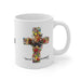 Mug blanc en céramique orné d'une croix florale avec une colombe et l'inscription Tout est accompli.