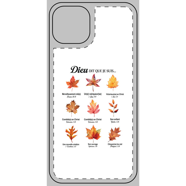 Coque de téléphone blanche ornée de feuilles d'automne et de versets bibliques inspirants.