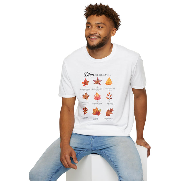 T-shirt blanc homme avec feuilles d'automne et versets bibliques, porté avec un jean bleu.