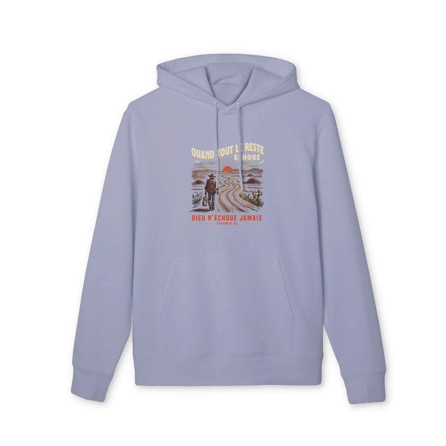 Sweat-shirt à capuche bleu lavande avec une illustration de cowboy et un texte religieux.