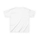 T-shirt blanc pour enfant à manches courtes, présenté de dos sur un fond uni.