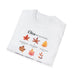 T-shirt blanc plié orné de feuilles d'automne et de messages chrétiens inspirants.