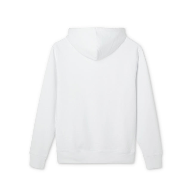 Vue arrière d'un sweat à capuche blanc uni avec une coupe classique.
