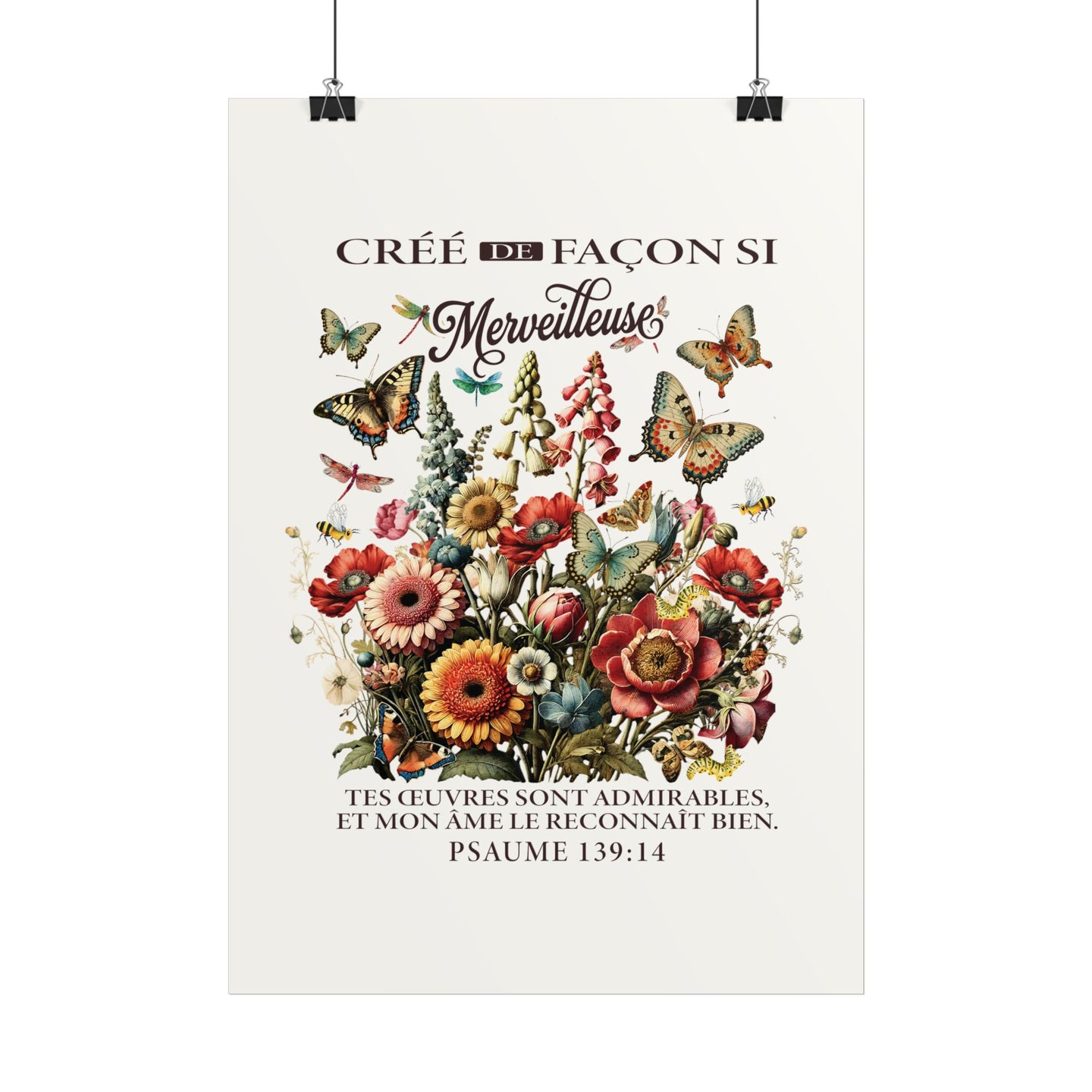 Affiche murale illustrée de fleurs et papillons avec le texte biblique Psaume 139:14.