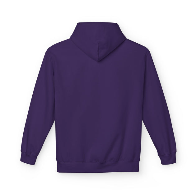 Vue arrière d'un sweat à capuche uni de couleur violette.