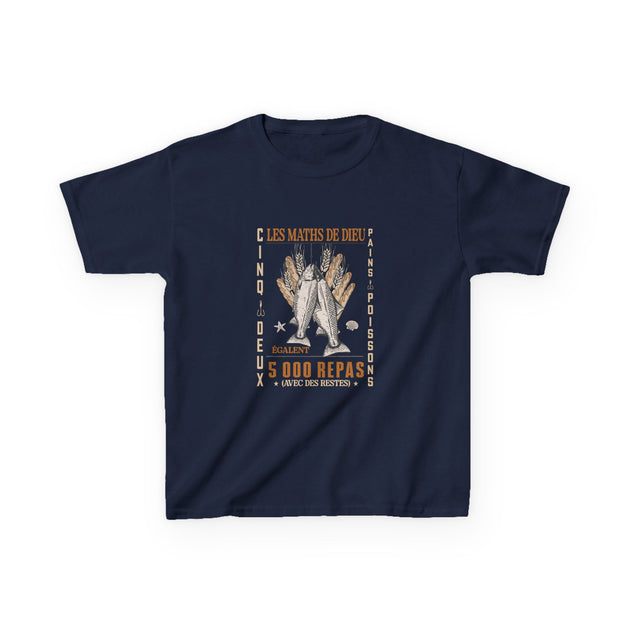 T-shirt bleu marine pour enfant avec une illustration vintage sur le thème biblique des pains et poissons.