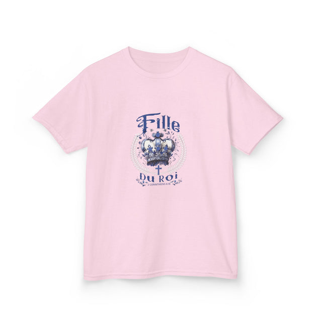 T-shirt rose pour enfant avec couronne bleue et texte 'Fille du Roi' et verset biblique.