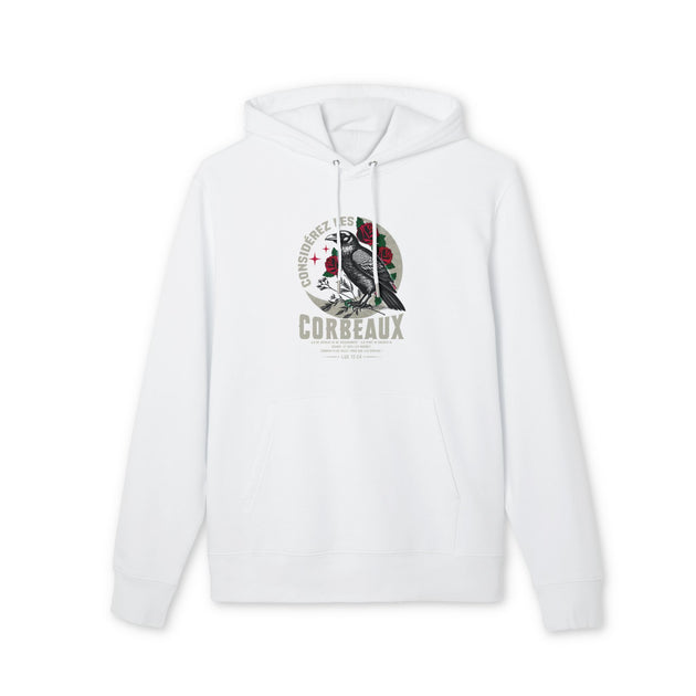Sweat à capuche blanc en coton biologique avec une illustration de corbeau et des roses.
