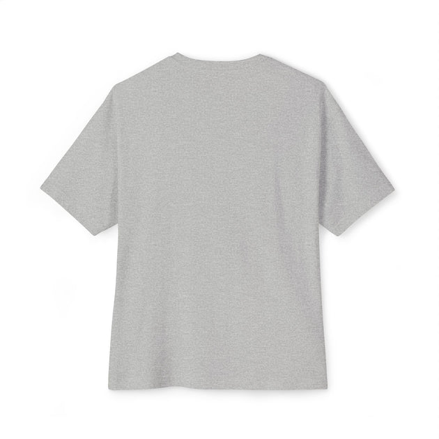T-shirt gris chiné à coupe ample et épaules tombantes, vu de dos.