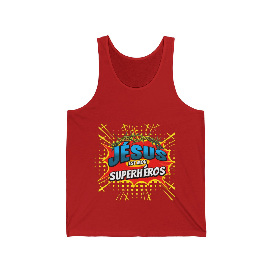 Débardeur rouge pour homme avec une illustration style bande dessinée Jésus est mon superhéros.