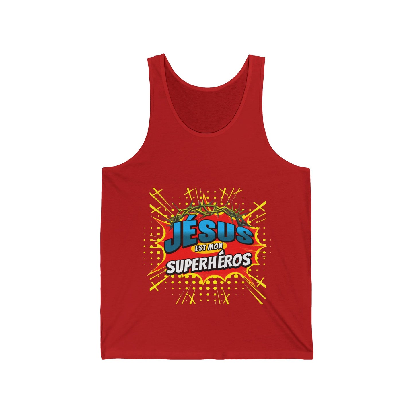 Débardeur rouge pour homme avec une illustration style bande dessinée Jésus est mon superhéros.