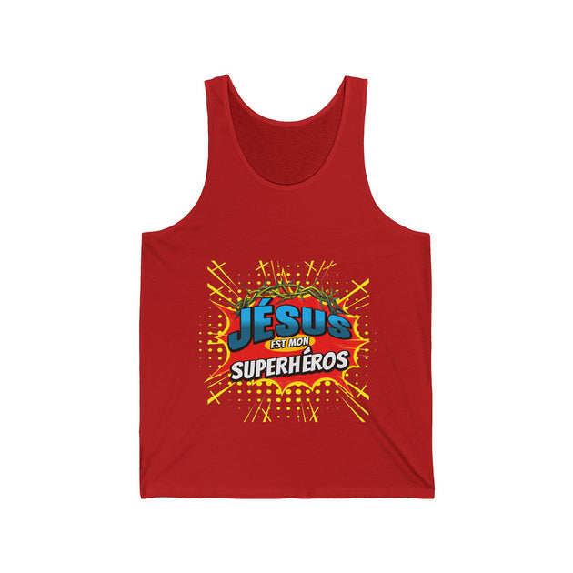 Débardeur rouge pour homme avec une illustration style bande dessinée Jésus est mon superhéros.