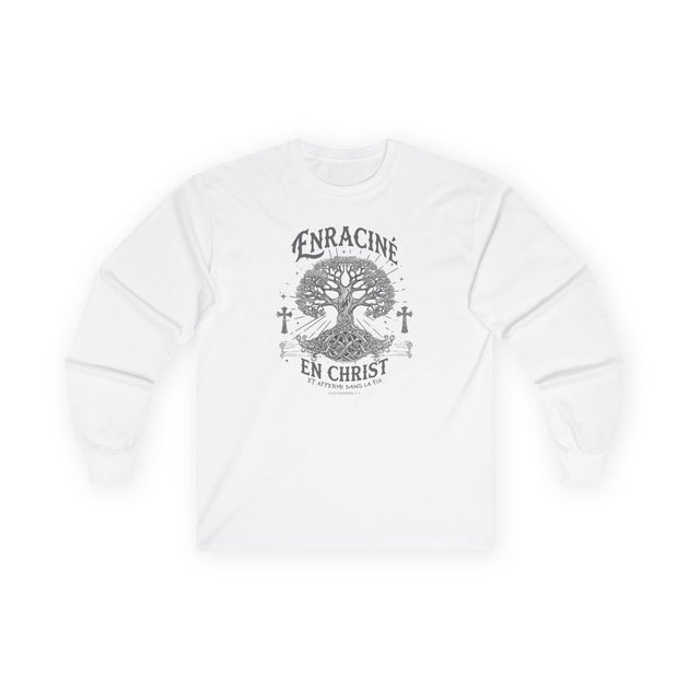 T-shirt blanc à manches longues avec un motif d'arbre et l'inscription Enraciné en Christ.