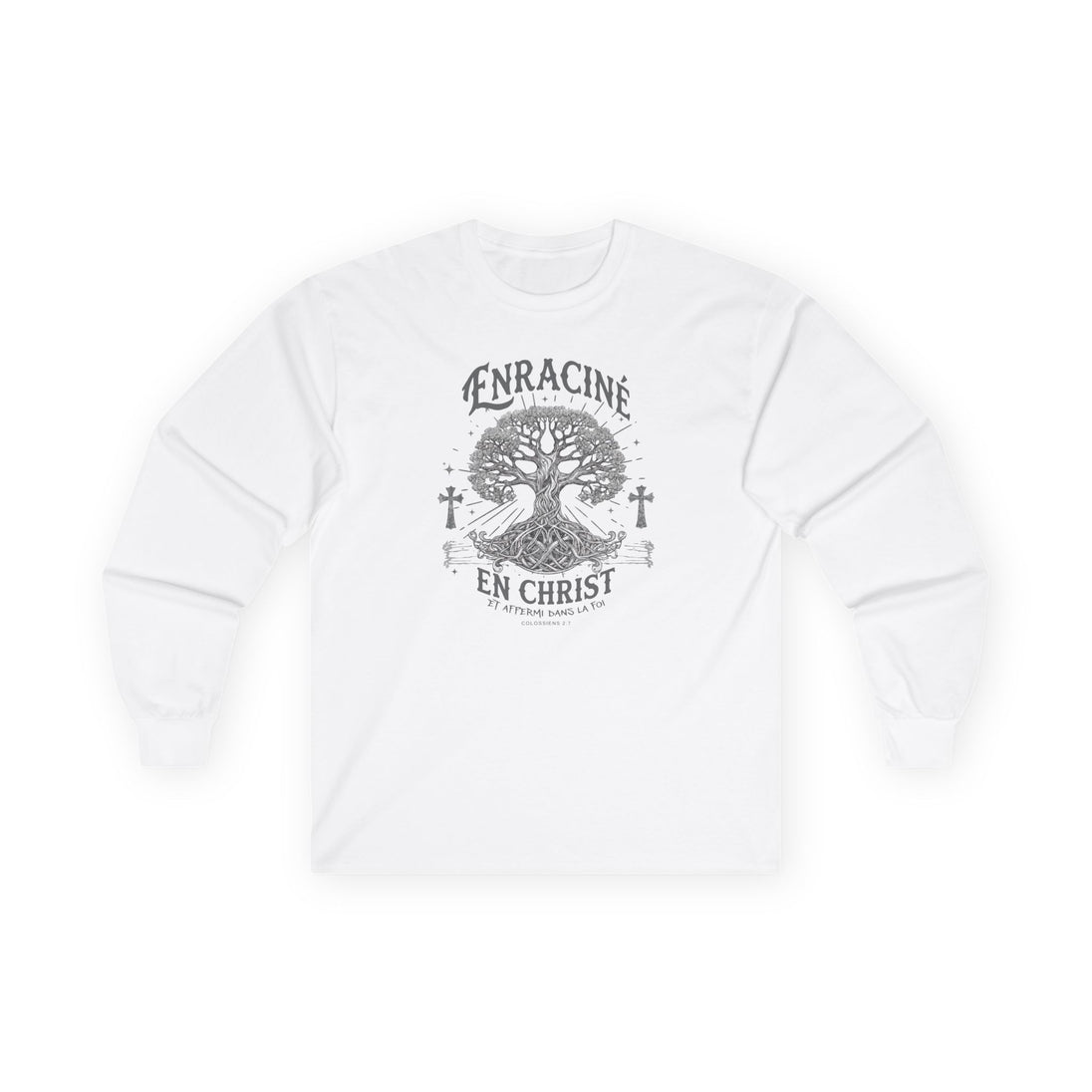 T-shirt blanc à manches longues pour femme avec un motif d'arbre et le texte Enraciné en Christ.