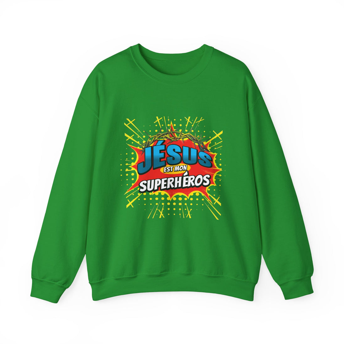 Sweat-shirt vert à col rond avec une illustration style comics Jésus est mon superhéros.