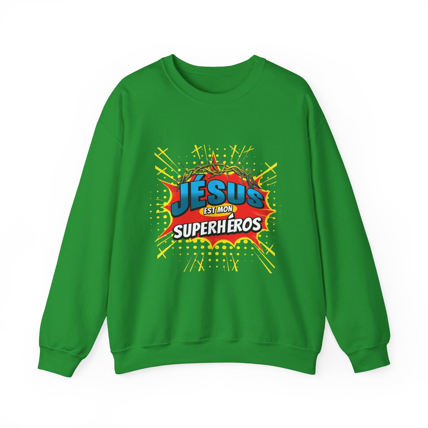 Sweat-shirt vert à col rond avec une illustration style comics Jésus est mon superhéros.