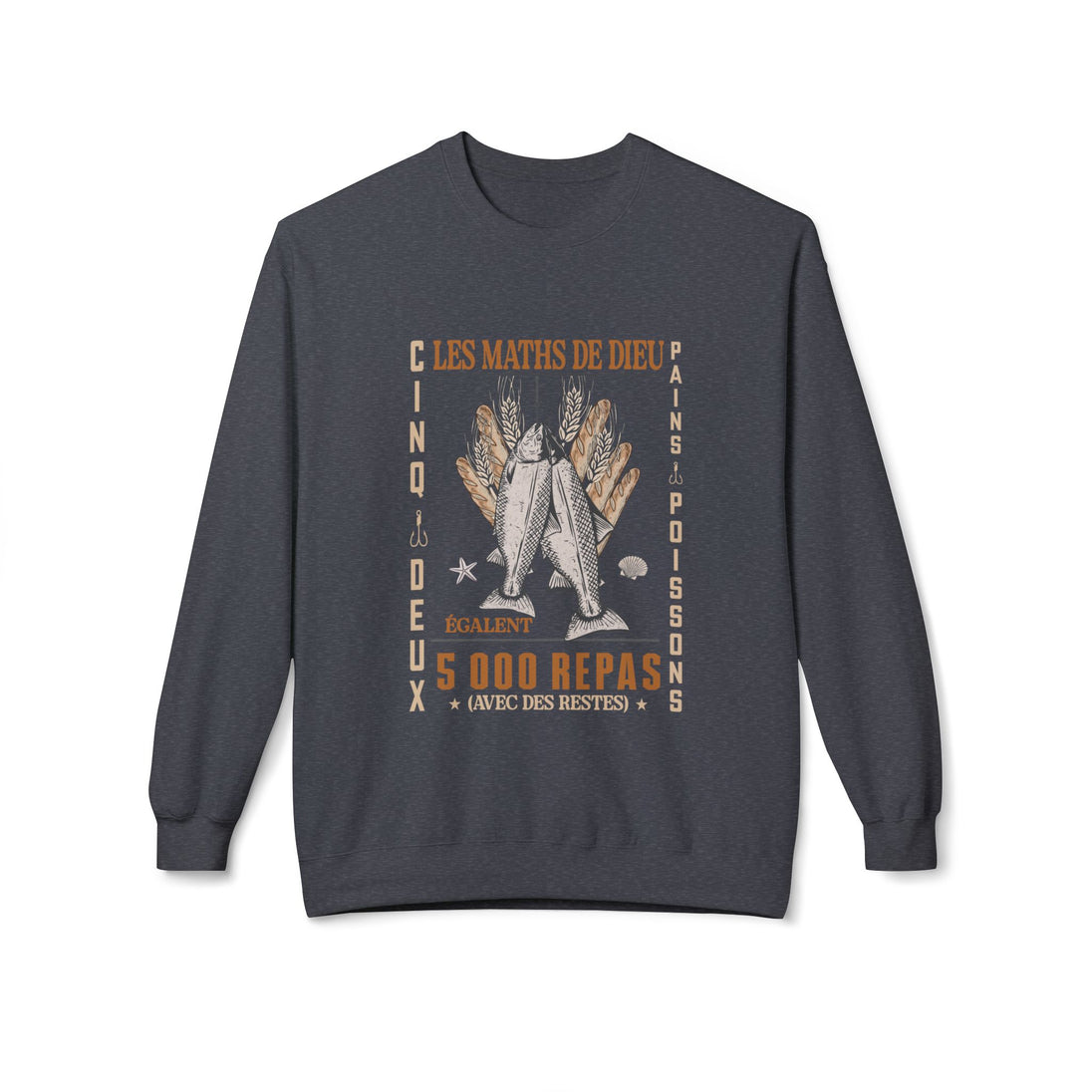Sweat-shirt gris anthracite avec une illustration de pains et poissons et le texte Les Maths de Dieu.