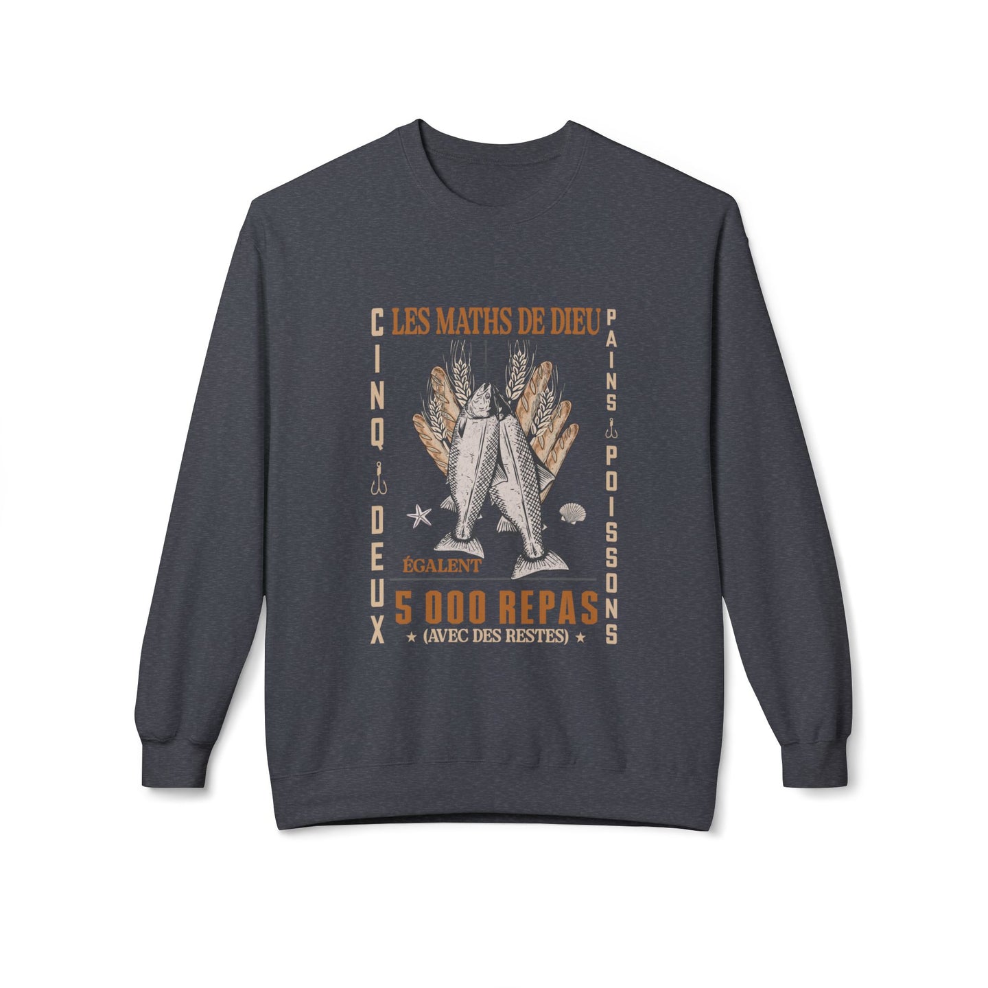Sweat-shirt gris anthracite avec une illustration de pains et poissons et le texte Les Maths de Dieu.