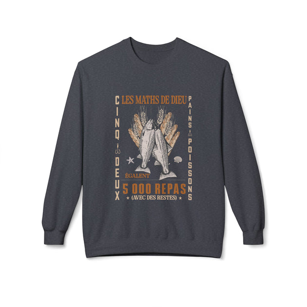Sweat-shirt gris anthracite avec une illustration de pains et poissons et le texte Les Maths de Dieu.