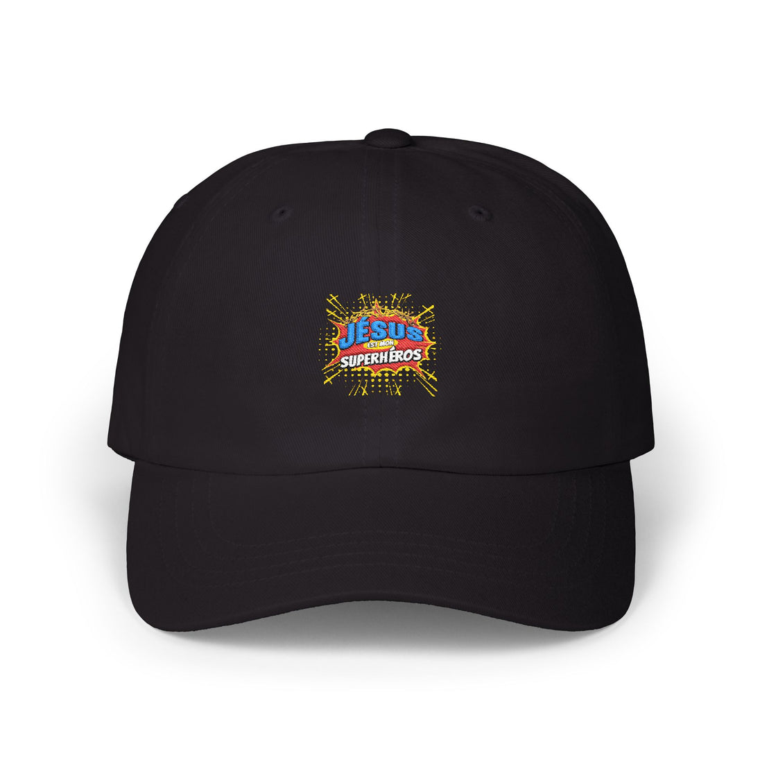 Casquette noire en coton avec un écusson brodé coloré portant l'inscription Jésus est mon superhéros.