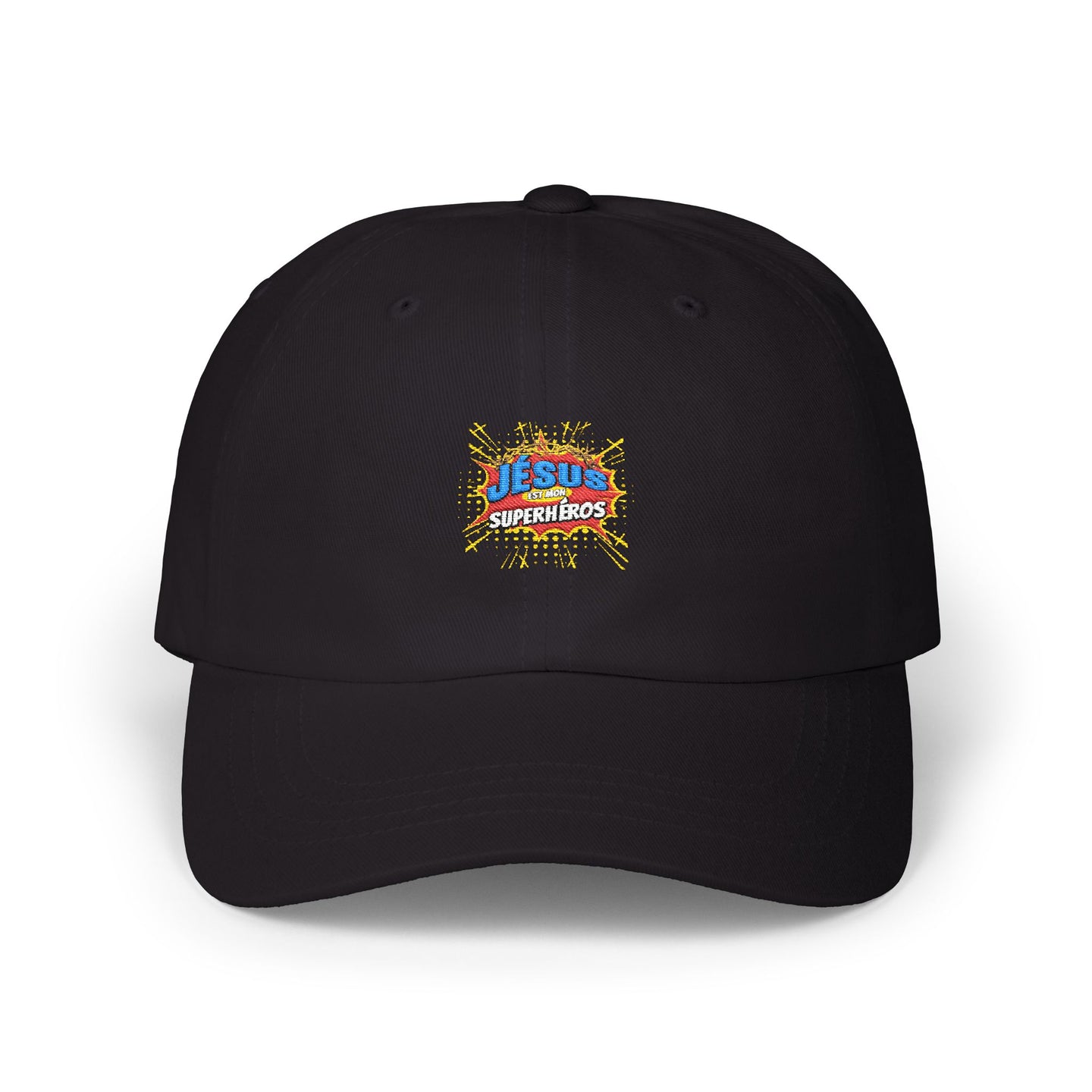 Casquette noire en coton avec un écusson brodé coloré portant l'inscription Jésus est mon superhéros.
