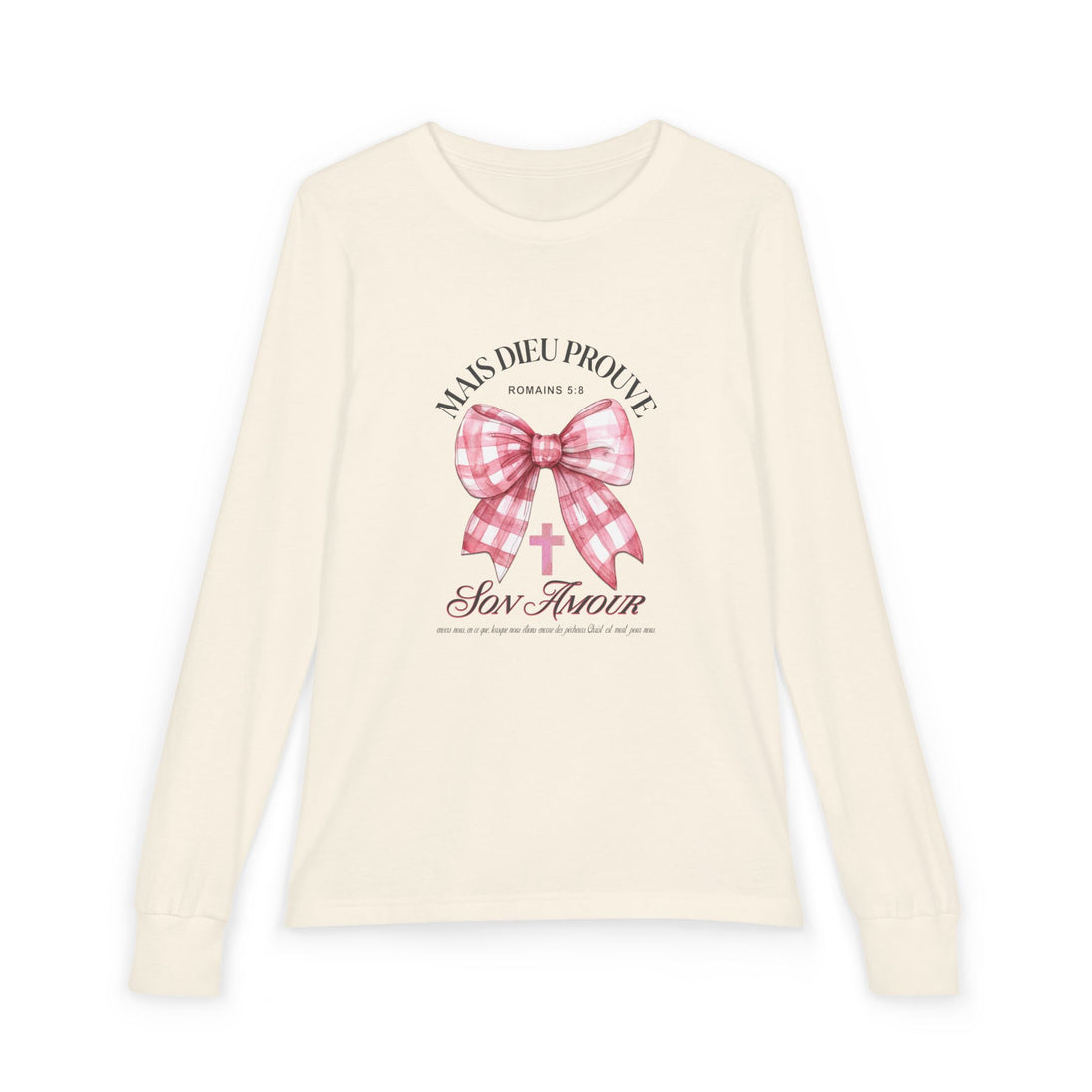 T-shirt à manches longues beige pour enfant avec un motif de nœud rose et une croix chrétienne.