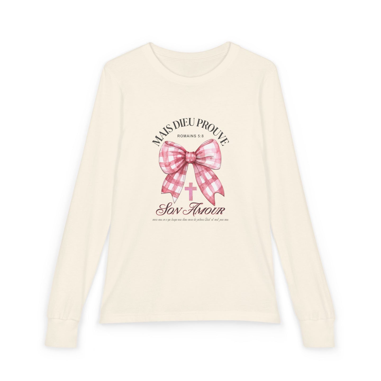 T-shirt à manches longues beige pour enfant avec un motif de nœud rose et une croix chrétienne.