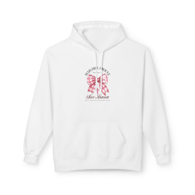 Sweat à capuche blanc pour femme avec un motif de nœud rose et une croix chrétienne.