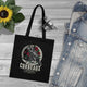 Tote bag noir en coton biologique orné d'une illustration de corbeau et d'un verset biblique.